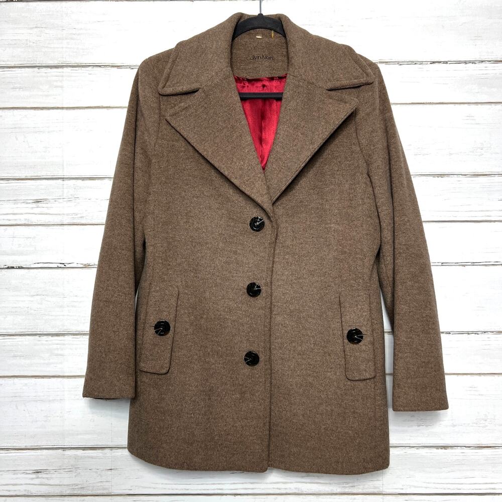 Calvin Klein Wool Blend Peacoat Brown Button Front Lined Women’s Size 12